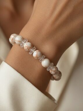 Handmade Chipped Quartz and Salmon Jasper Beaded Bracelet  size 7